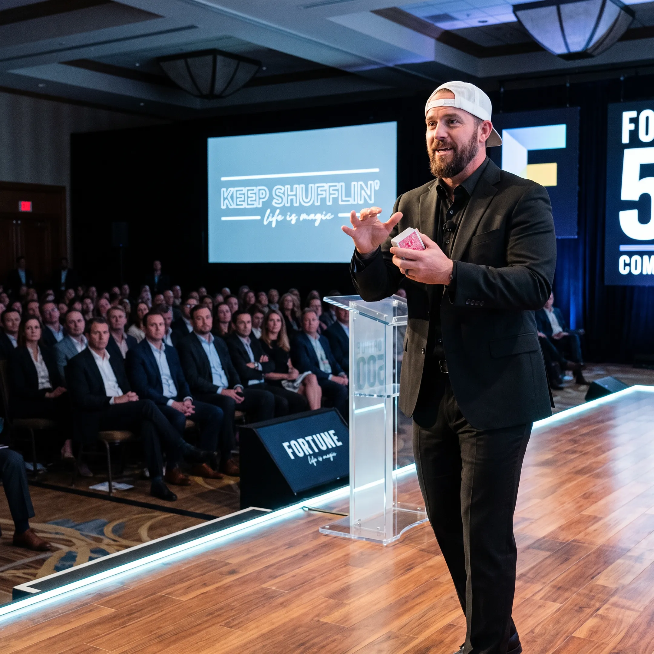 Jon Dorenbos speaking onstage at a corporate event