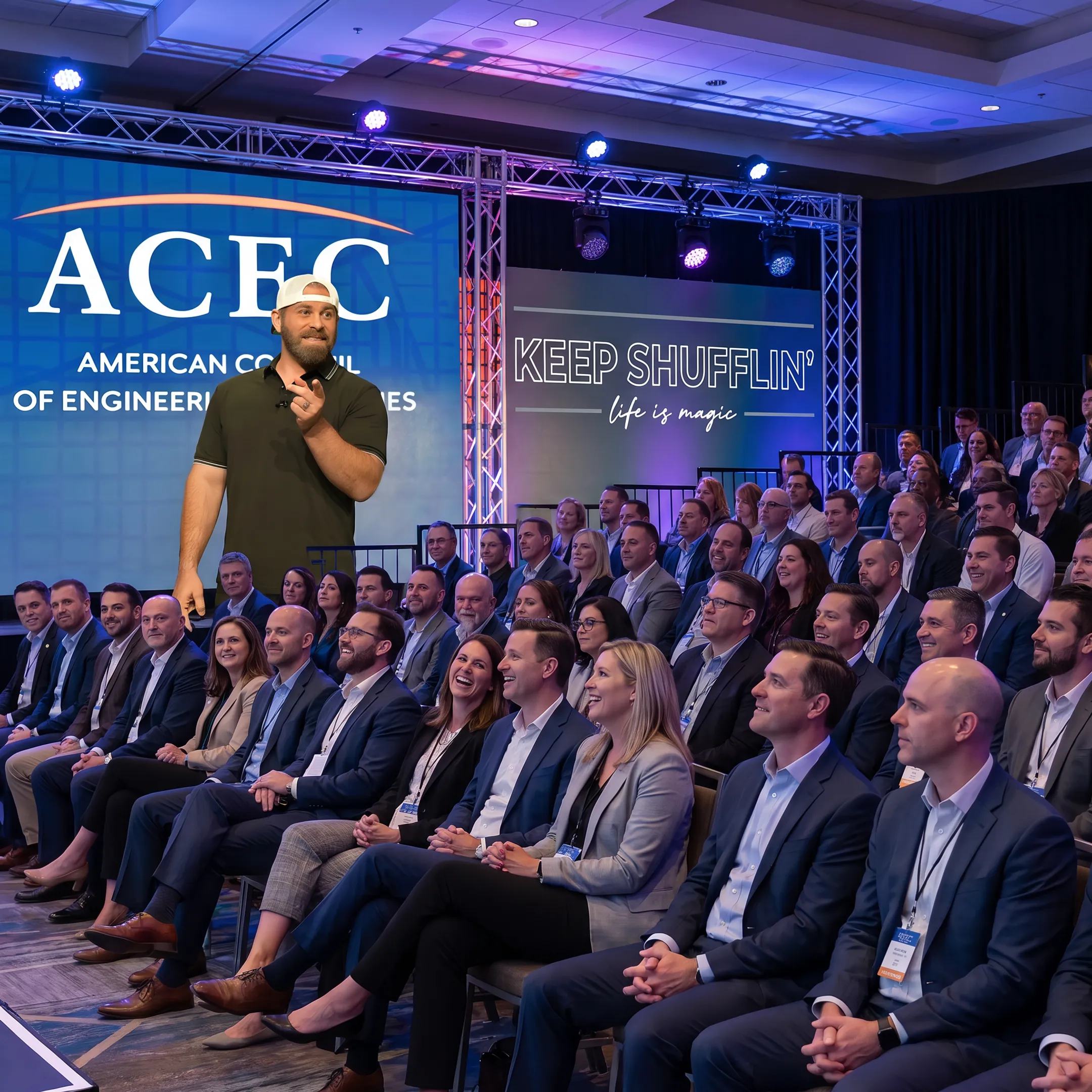 Business audience watching a keynote speaker perform on stage