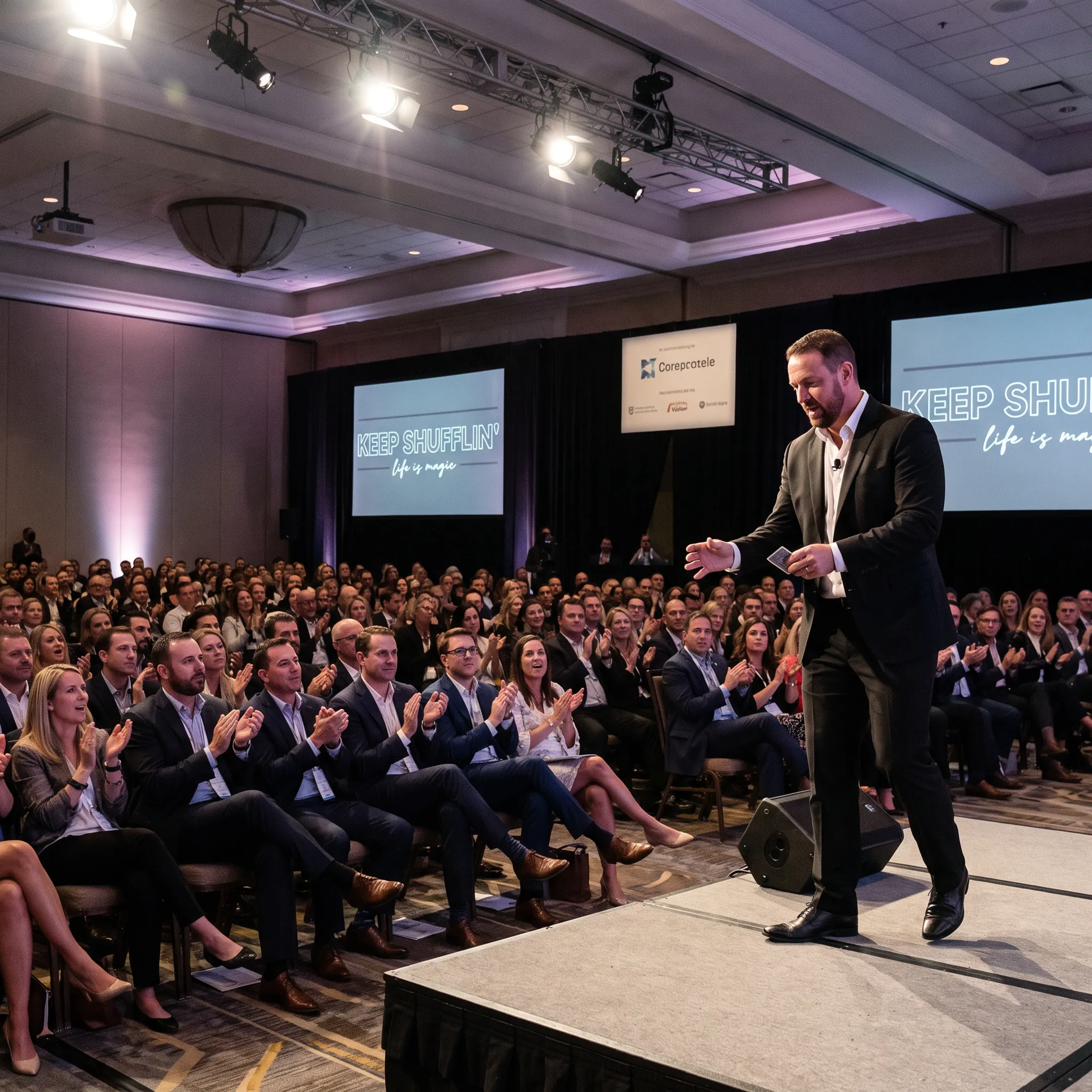 Keynote speaker performing magic for business audience