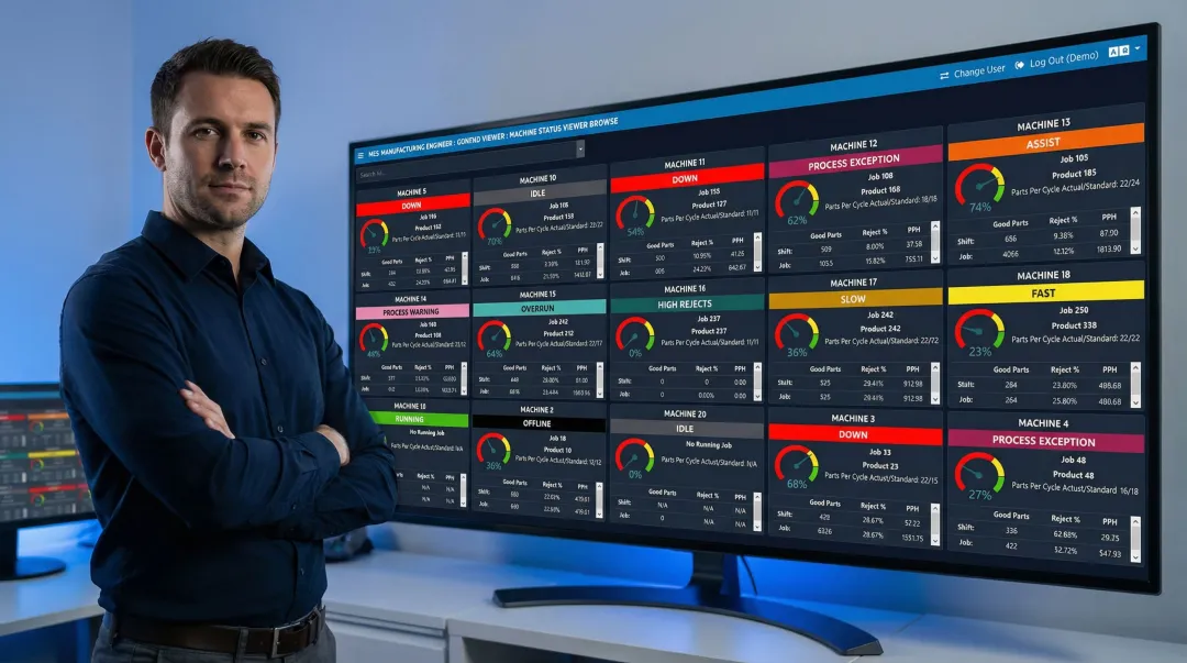 Real-time manufacturing shop floor dashboard displaying machine utilisation and production metrics