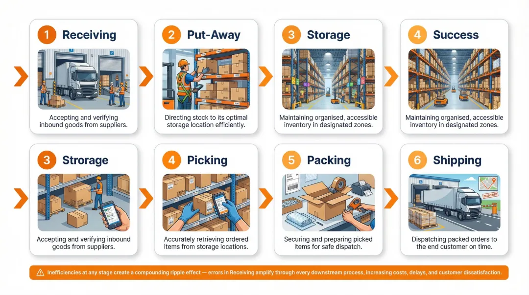 6 core warehouse management processes flow from receiving to shipping