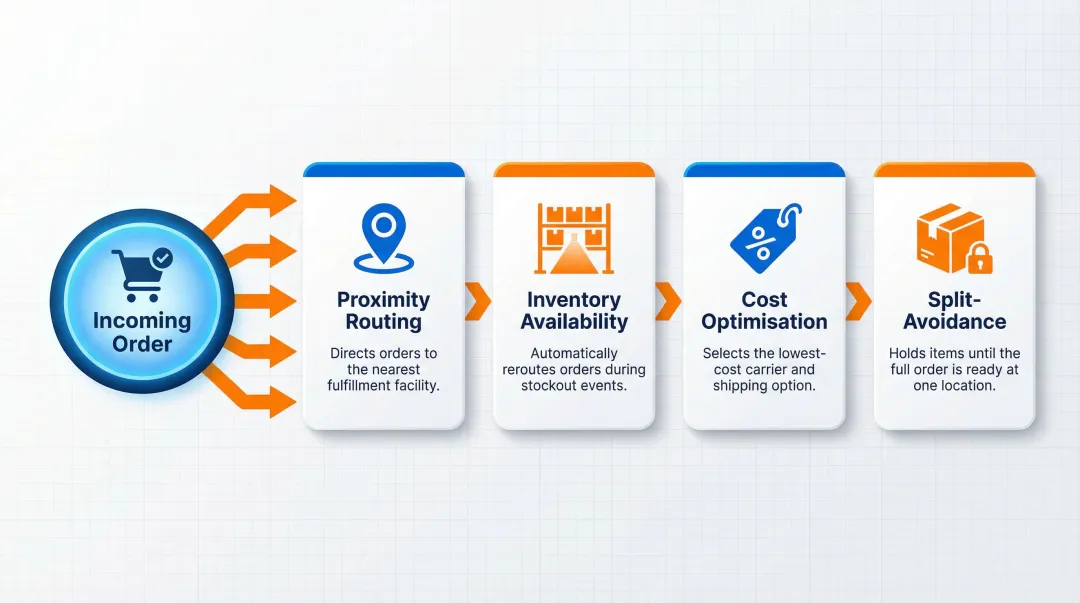 Four automated order routing rules process flow diagram for fulfillment optimization