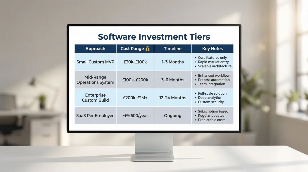 Custom software versus SaaS total cost of ownership comparison table infographic