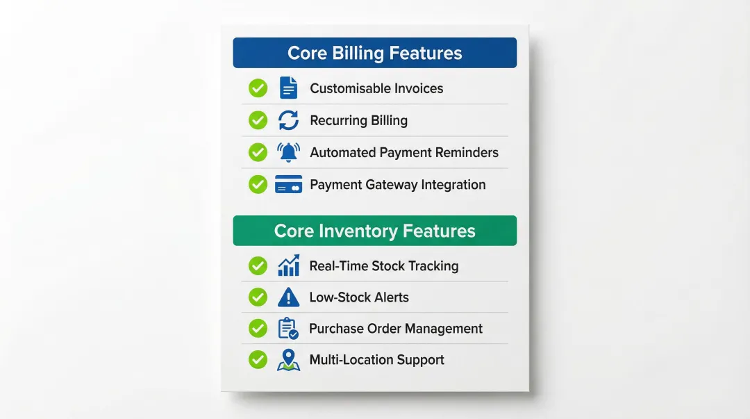 Core billing and inventory software features checklist for small business evaluation