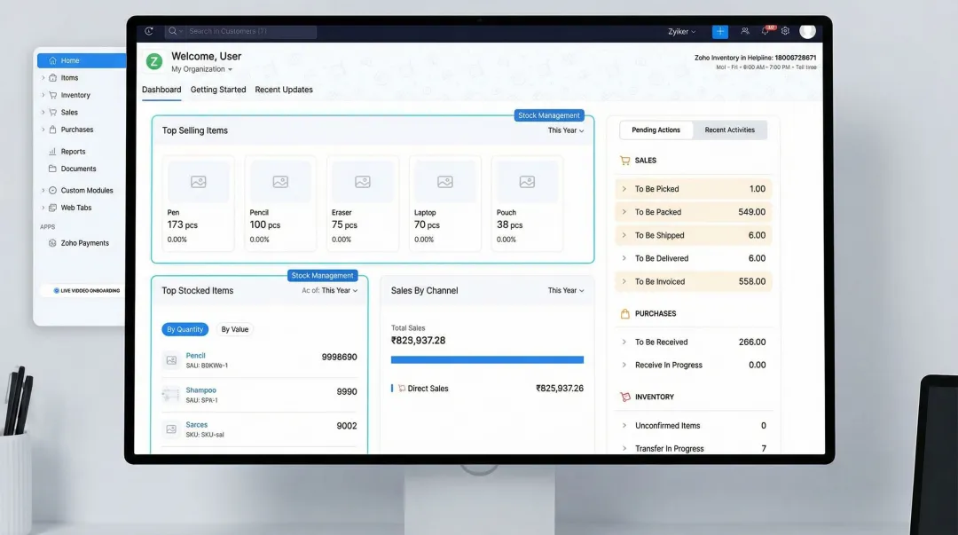 Zoho Inventory dashboard displaying stock levels orders and billing management interface
