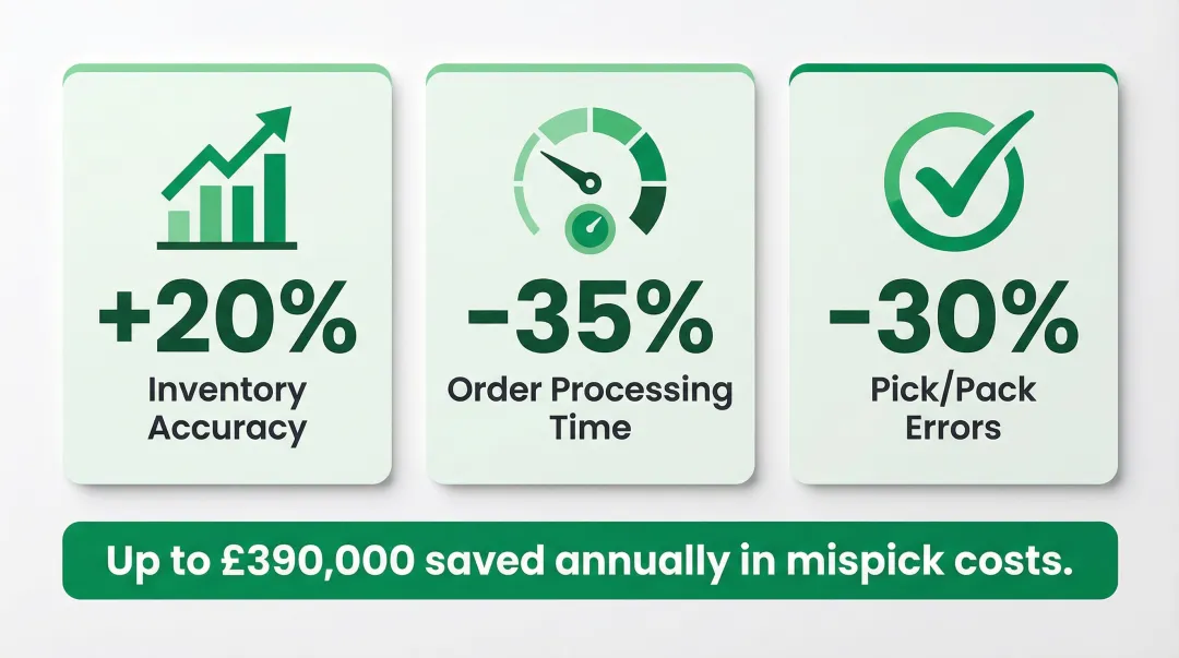 WMS implementation ROI statistics showing inventory accuracy order speed and error reduction