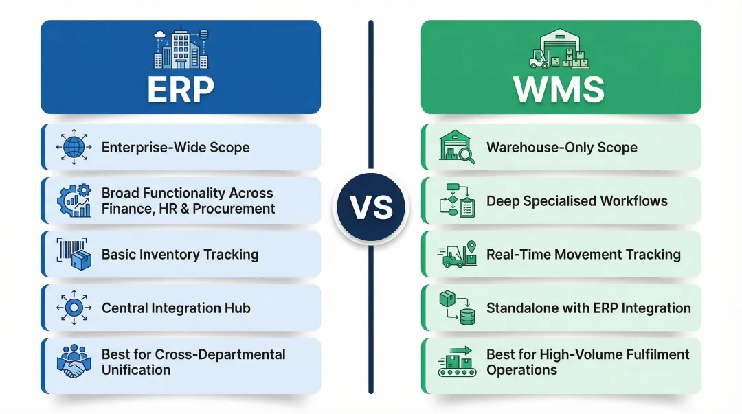 ERP versus WMS side-by-side feature comparison infographic for operations teams