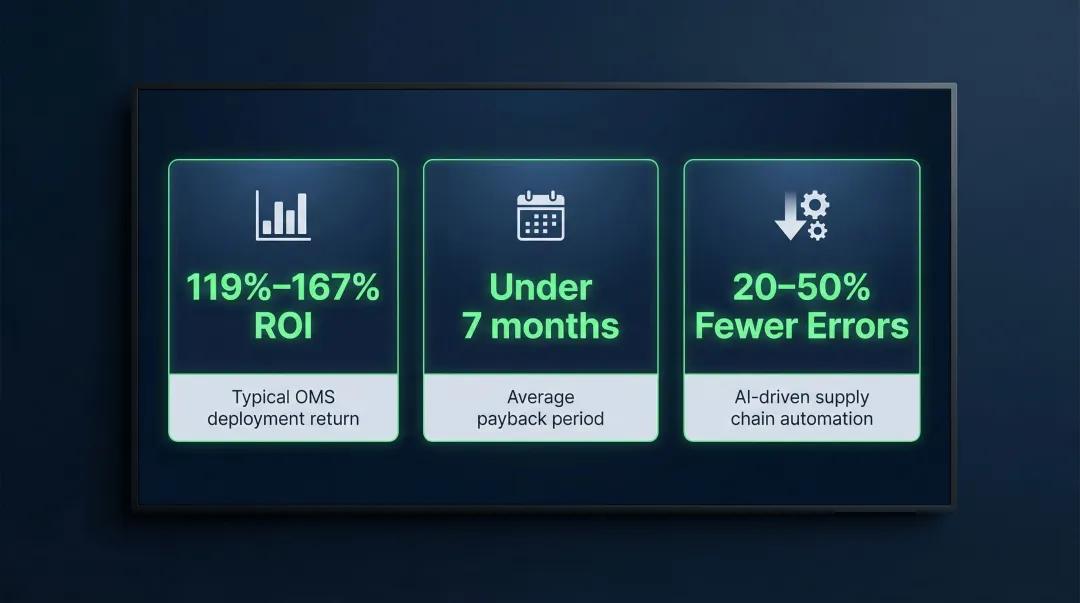 OMS automation ROI statistics showing returns payback period and error reduction rates