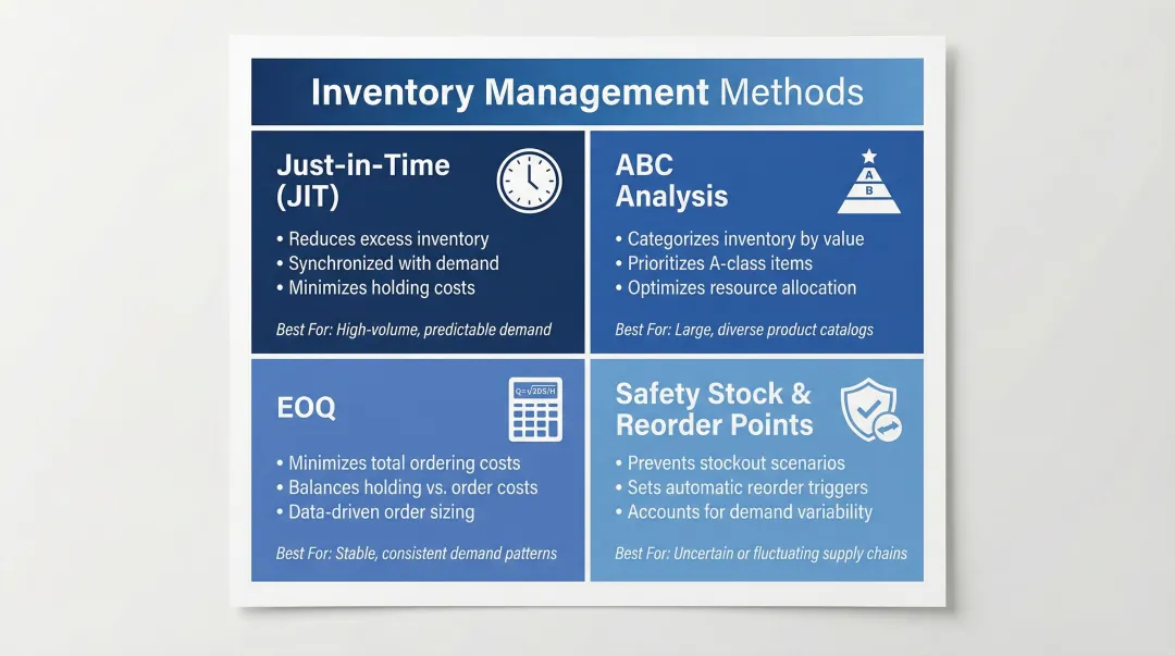 Inventory management methods comparison including JIT ABC EOQ safety stock techniques