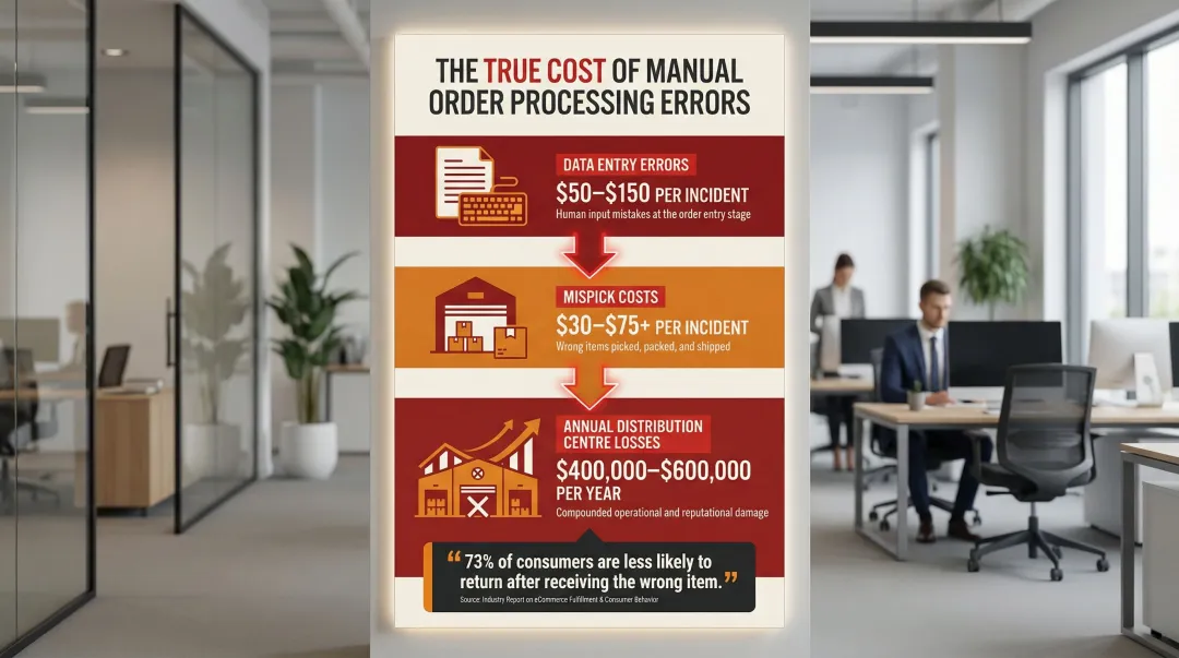 Manual order entry error costs and financial impact breakdown infographic