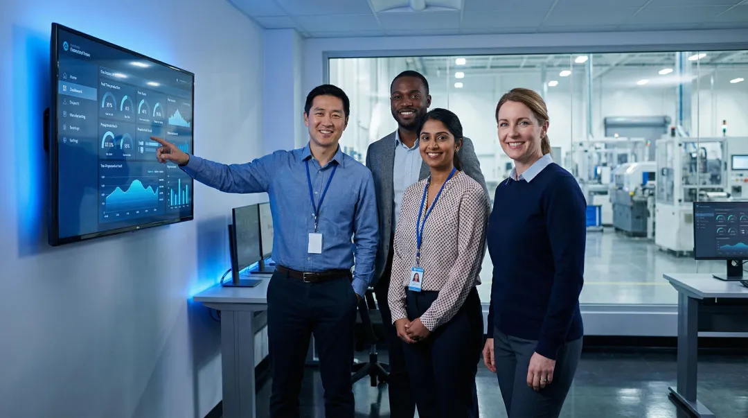 Modern manufacturing operations team reviewing real-time IoT production dashboard on large screen