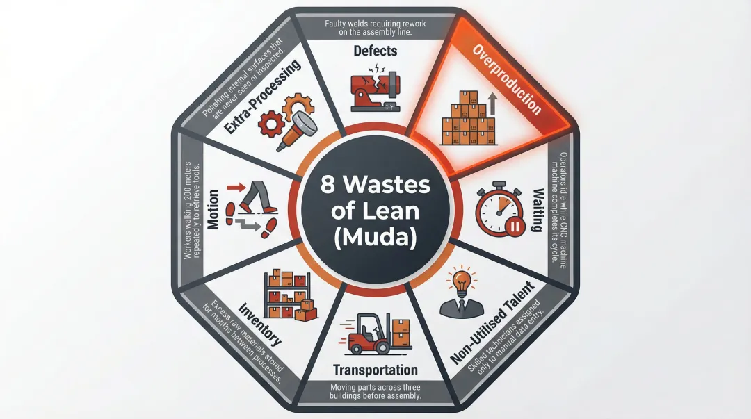 8 wastes of lean manufacturing DOWNTIME acronym visual breakdown infographic