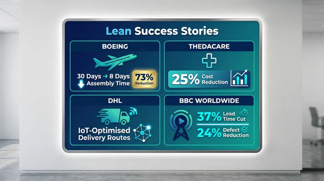 Lean manufacturing industry adoption examples across Boeing ThedaCare DHL and BBC