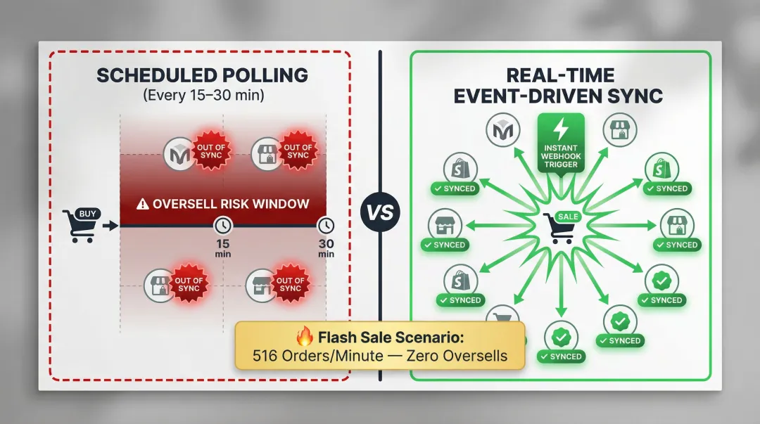 Real-time event-driven sync versus scheduled polling inventory update speed comparison