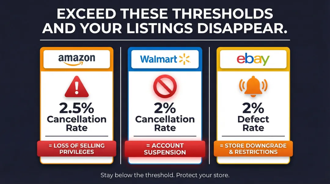 Marketplace overselling penalty thresholds comparison for Amazon eBay and Walmart