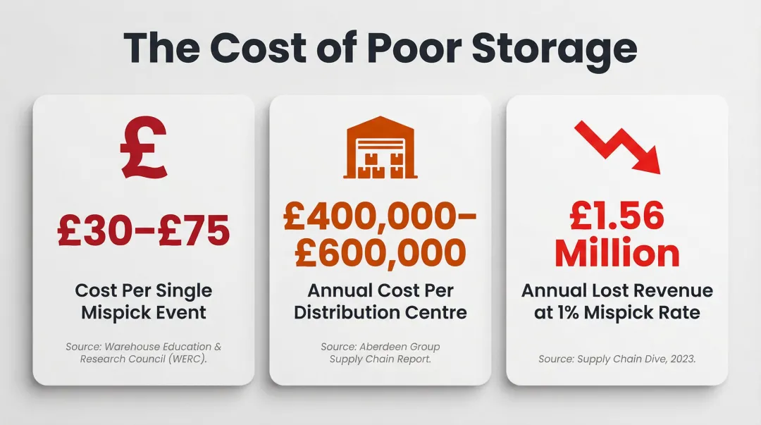 Warehouse mispick cost breakdown showing annual financial impact per distribution center