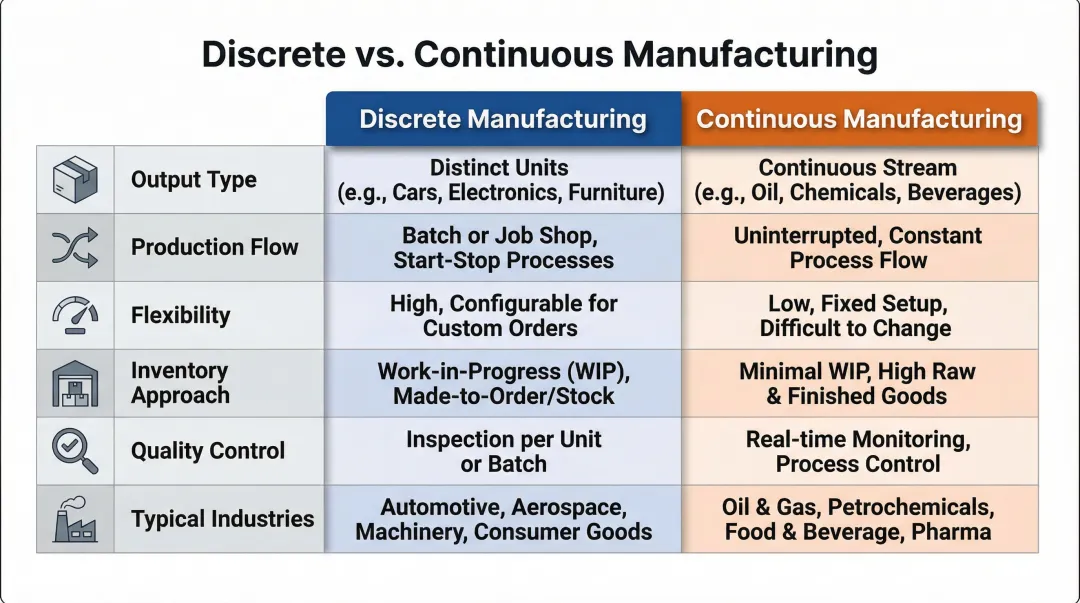 Discrete versus continuous manufacturing six-dimension side-by-side comparison infographic