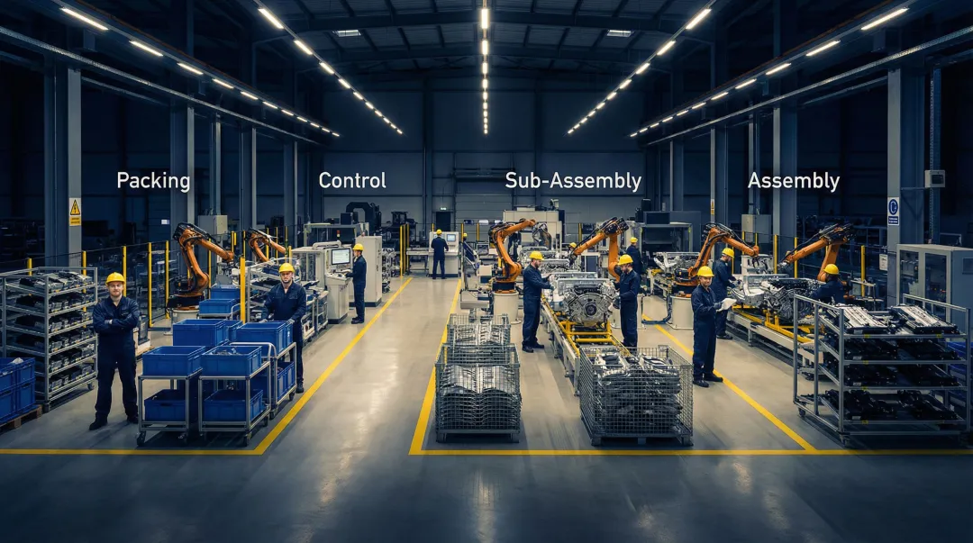 Automotive discrete manufacturing assembly line with workers building vehicle components