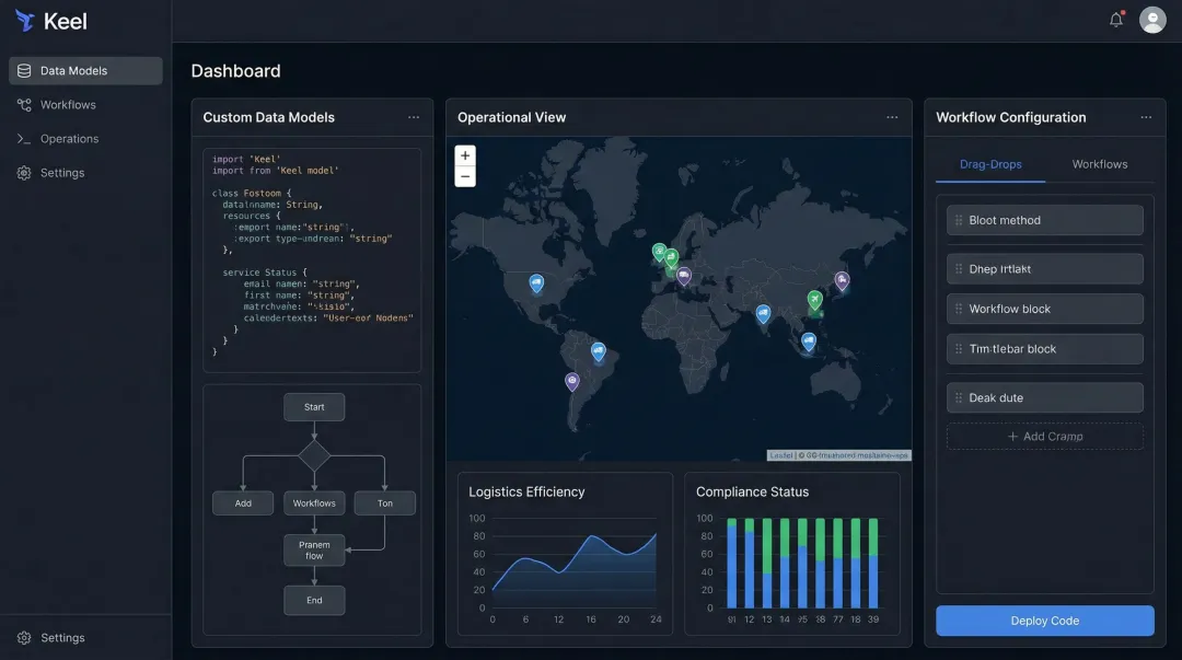 Keel code-first operations platform dashboard displaying custom workflow and data models
