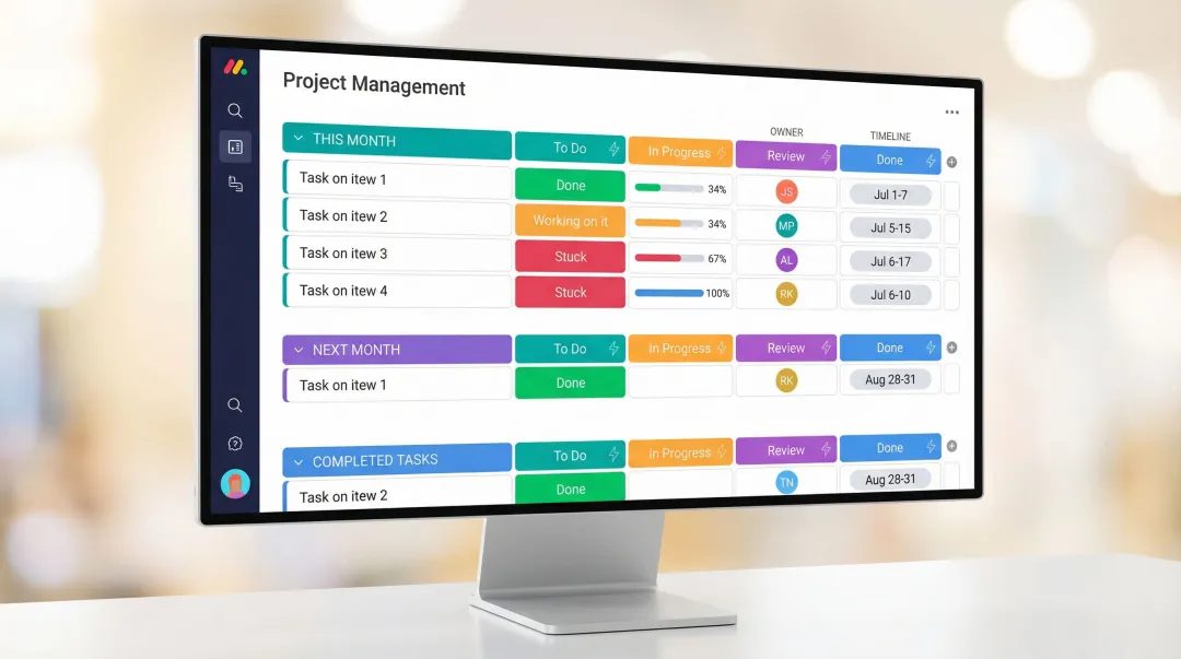 Monday.com visual project management board with customisable workflow columns and tasks