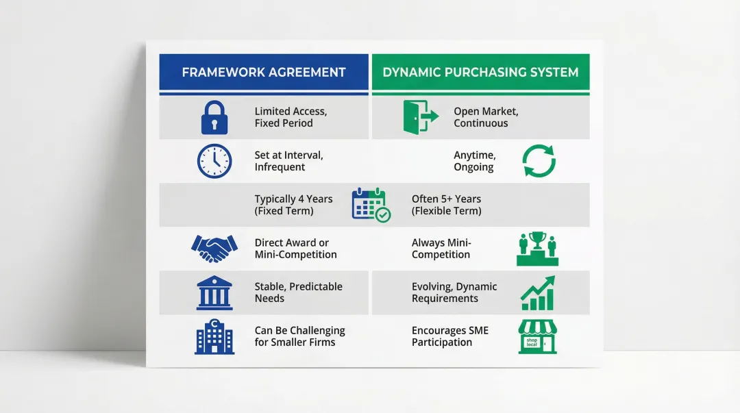 Framework agreement versus dynamic purchasing system six-dimension comparison chart