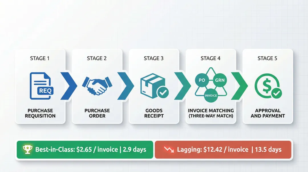 5-step procure-to-pay cycle process flow with cost comparison statistics