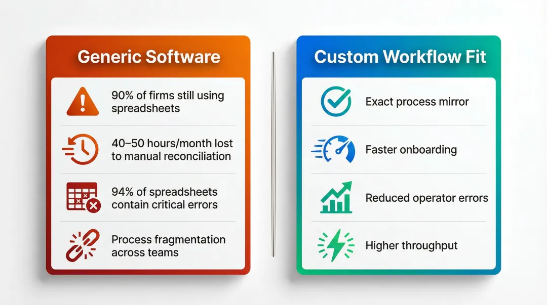 Operational cost of generic software versus custom workflow fit side-by-side breakdown