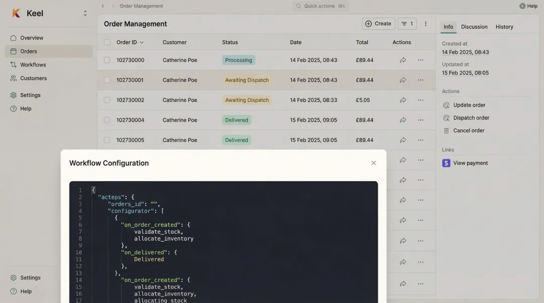 Keel operations platform dashboard displaying fulfillment workflow builder and order management interface