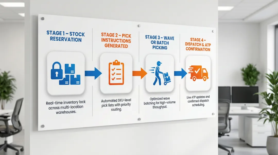ERP warehouse execution workflow showing stock reservation picking packing and dispatch stages