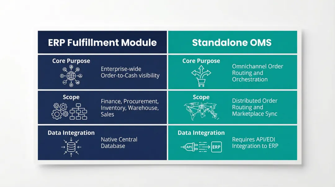 ERP fulfillment module versus standalone OMS side-by-side feature comparison chart