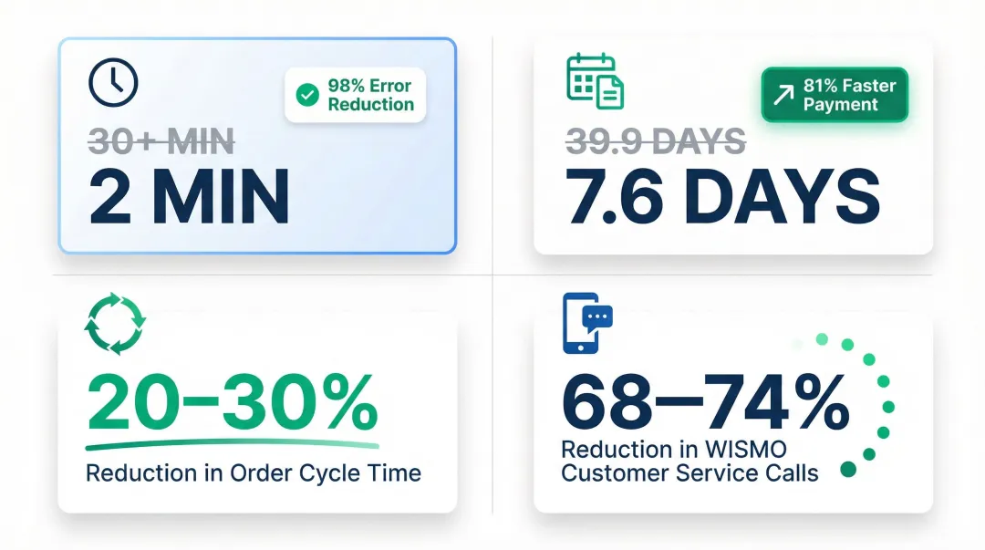 ERP fulfillment key performance statistics showing error reduction cycle time and DSO improvements