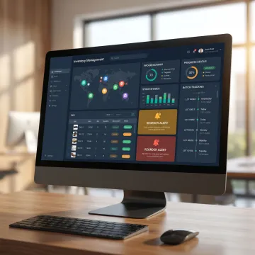Custom inventory management software dashboard showing stock levels across multiple warehouse locations