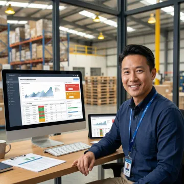 Operations manager reviewing real-time inventory stock levels on a custom dashboard