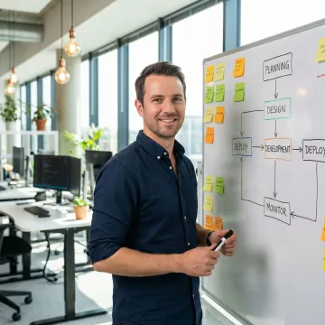 Software engineer reviewing a step-by-step development workflow on a whiteboard with sticky notes and diagrams