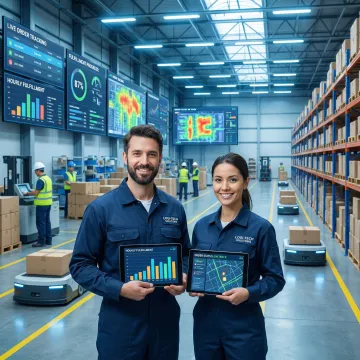 Warehouse operations team using a digital control system on tablets and screens to manage inventory and fulfilment.