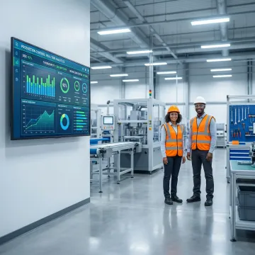 Production control software dashboard displayed on a monitor in a manufacturing facility