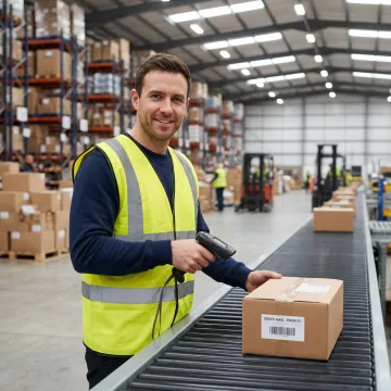 Warehouse operative scanning parcels at a UK fulfillment centre using a barcode scanner