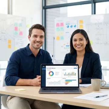 Software developer and operations manager reviewing a custom fulfillment workflow on a laptop