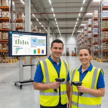 Cloud-based warehouse execution software dashboard on a screen in an active warehouse