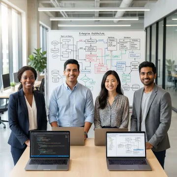 Software development team working through an enterprise application build process on whiteboards and laptops
