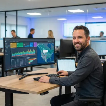 Operations manager reviewing real-time warehouse dashboard on a large monitor showing inventory levels and order statuses