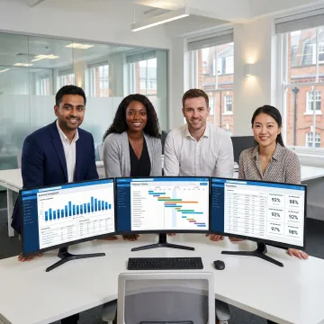 Manufacturing operations team reviewing custom software dashboards on screens in a UK facility