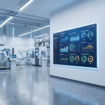 Custom manufacturing software dashboard displayed on a monitor in a UK factory setting