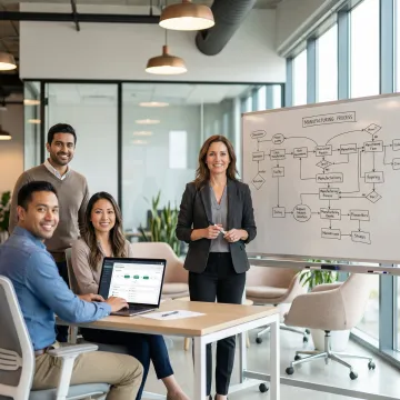 Team collaborating on custom manufacturing software workflow design