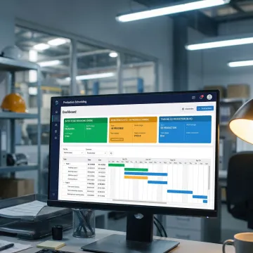 Custom production scheduling software interface showing live manufacturing batch stages and workflow progress