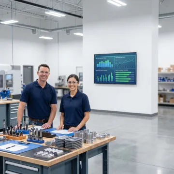 Small business manufacturing floor with digital software dashboard overlay showing production and inventory tracking