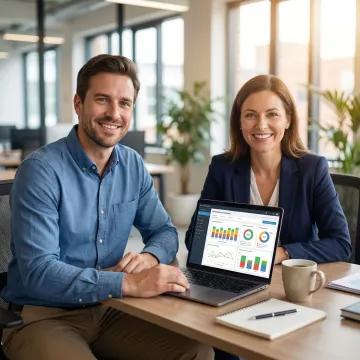 Software developer and manufacturing operations manager reviewing a custom production management system on a laptop