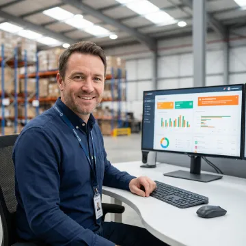 Operations team reviewing real-time inventory data on a custom software dashboard in a London warehouse