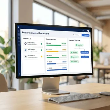 Retail procurement software dashboard showing supplier management and purchase orders