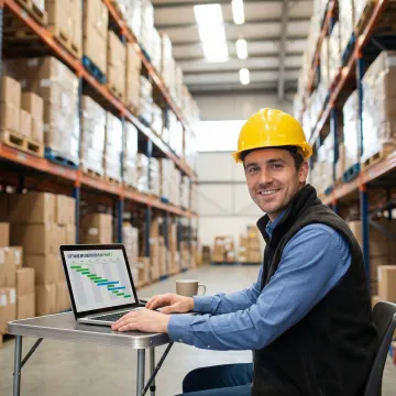 Operations team reviewing inventory system implementation steps on a laptop in a warehouse setting